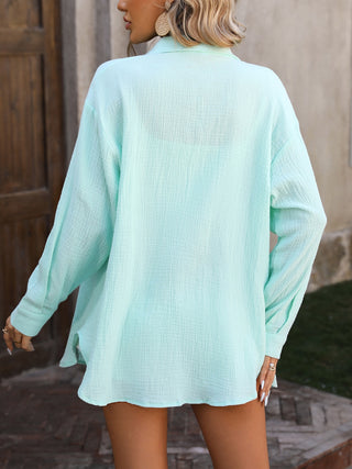 Textured Button Up Dropped Shoulder Shirt Divacious