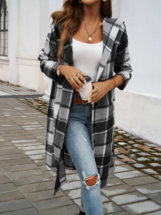 Plaid Long Sleeve Hooded Coat Divacious