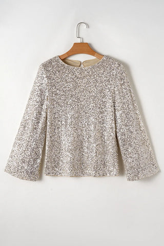 Cutout Sequin Round Neck Long Sleeve Blouse - Divacious