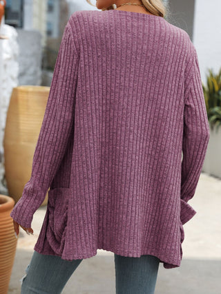 Open Front Long Sleeve Ribbed Cardigan Divacious