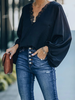 Lace Detail V-Neck Long Sleeve Blouse Divacious