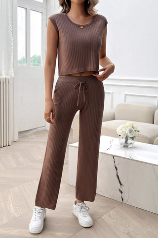 Ribbed Round Neck Top and Pants Set - Divacious