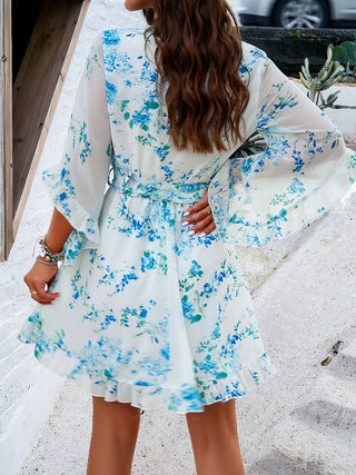 Devine Ruffled Printed Surplice Half Sleeve Mini Dress Trendsi