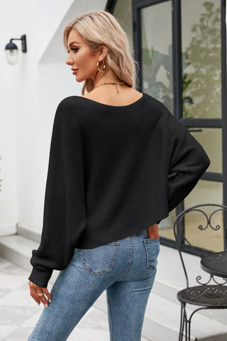 Boat Neck Horizontal Ribbing Dolman Sleeve Sweater Divacious