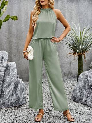 Devine Grecian Neck Sleeveless Pocketed Top and Pants Set Trendsi