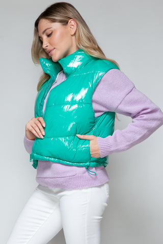 Snobbish Zip Up Turtleneck Shiny Quilted Vest Trendsi