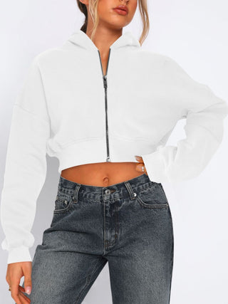 Zip Up Long Sleeve Hooded Cropped Jacket Trendsi