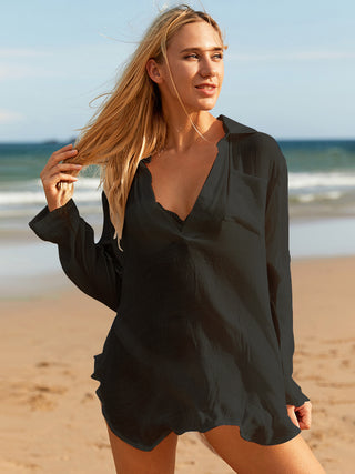 Pocketed Johnny Collar Long Sleeve Cover Up Divacious