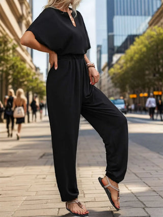 Notched Half Sleeve Straight Jumpsuit Divacious