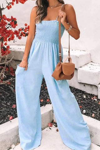 Smocked Spaghetti Strap Wide Leg Jumpsuit Divacious