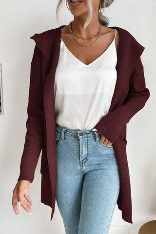 Ribbed Open Front Hooded Cardigan with Pockets Divacious