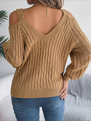 Cable-Knit Cold Shoulder Long Sleeve Sweater Divacious