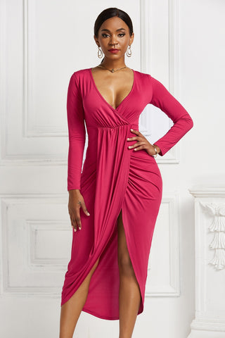 High-low Ruched Surplice Long Sleeve Dress Trendsi