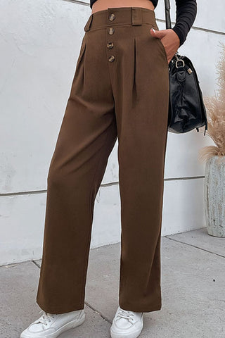 Button-Fly Pleated Waist Wide Leg Pants with Pockets Divacious