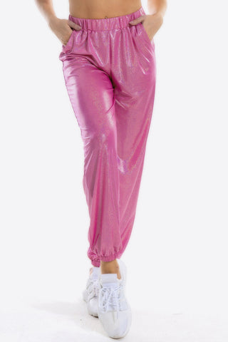 Glitter Elastic Waist Pants with Pockets Divacious