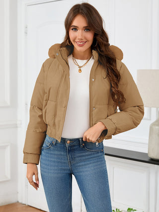 Pocketed Long Sleeve Cropped Hooded Winter Coat - Divacious