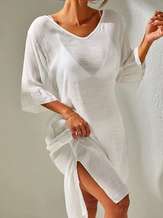 Slit V-Neck Flounce Sleeve Cover-Up Divacious