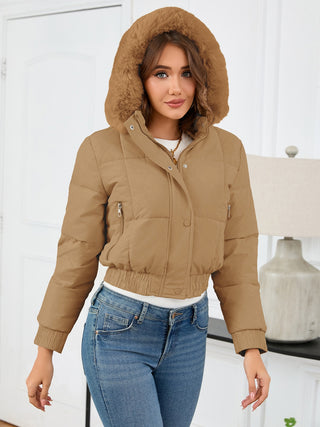 Pocketed Long Sleeve Cropped Hooded Winter Coat - Divacious