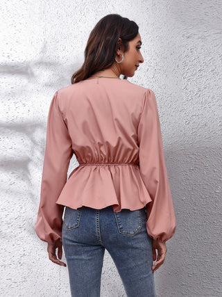 V-Neck Balloon Sleeve Peplum Blouse Divacious