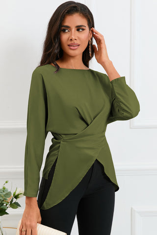 Boat Neck Back Tie Long Sleeve Satin Blouse Divacious