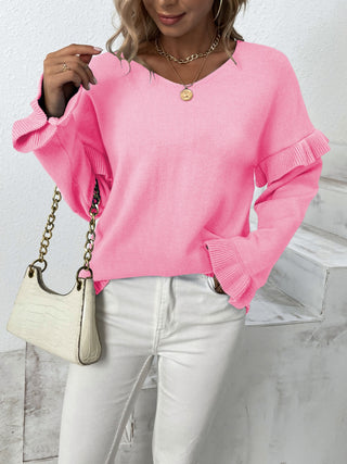 Ruffled V-Neck Dropped Shoulder Sweater Divacious