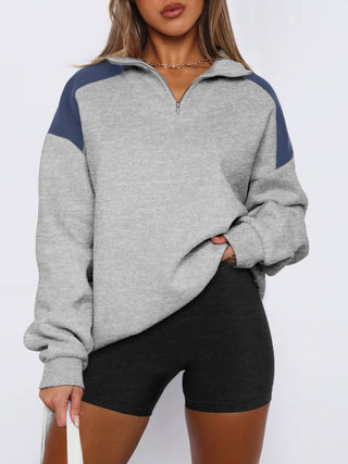 Contrast Quarter Zip Long Sleeve Sweatshirt - Divacious