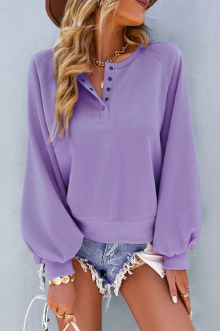 Balloon Sleeve Henley Sweatshirt Divacious