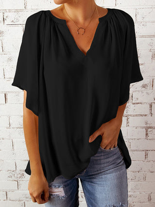 Ruched Notched Half Sleeve Blouse Divacious