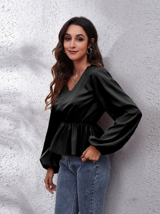 V-Neck Balloon Sleeve Peplum Blouse Divacious