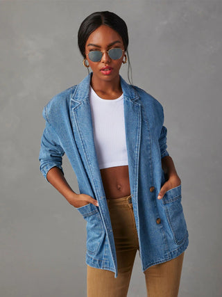 Collared Neck Long Sleeve Denim Jacket Divacious