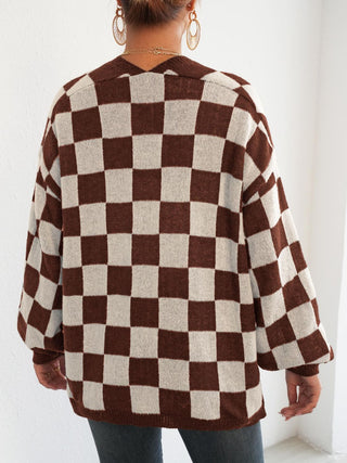 Checkered Open Front Long Sleeve Cardigan - Divacious