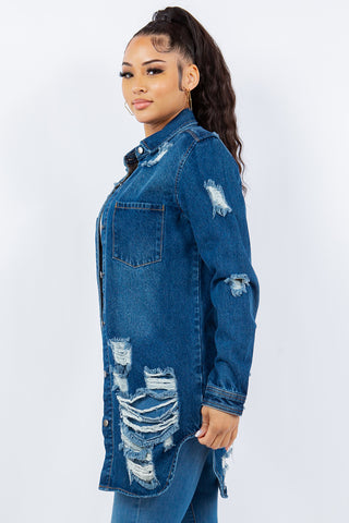 American Bazi Distressed Button Up Long Sleeve Denim Jacket Trendsi