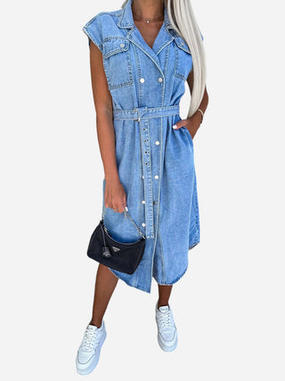 Collared Neck Cap Sleeve Denim Dress Divacious