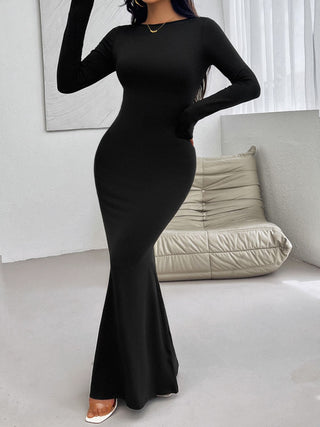 Devine Backless Round Neck Long Sleeve Maxi Dress Trendsi