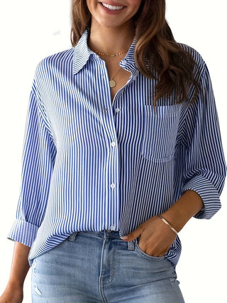 Striped Collared Neck Long Sleeve Shirt Divacious