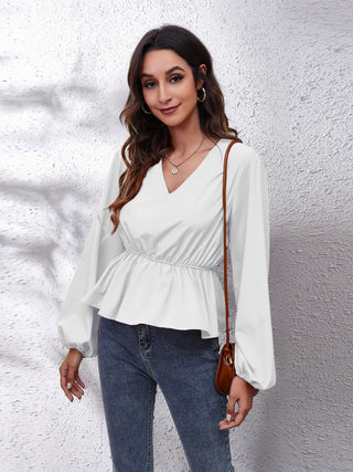 V-Neck Balloon Sleeve Peplum Blouse Divacious