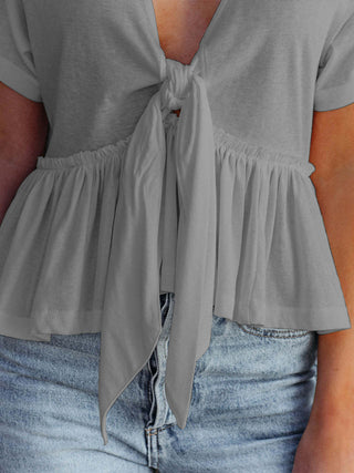 Tied Plunge Short Sleeve Blouse Divacious