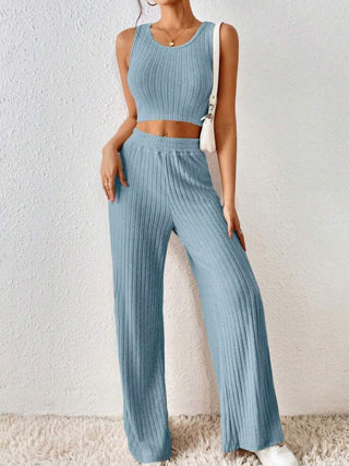 Ribbed Round Neck Tank and Pants Sweater Set Trendsi