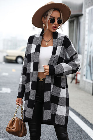 Plaid Dropped Shoulder Cardigan with Pocket Divacious