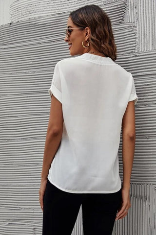 Full Size Notched Short Sleeve Blouse Divacious