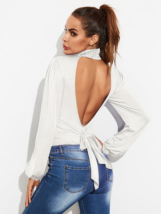 Backless Tie-Waist Turtleneck Lantern Sleeve Bodysuit Divacious