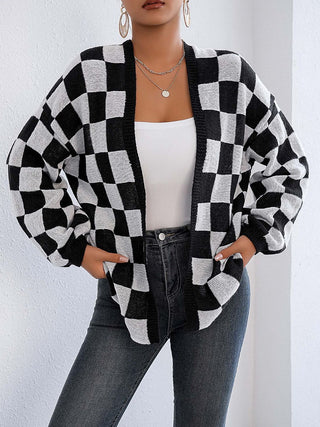 Checkered Open Front Long Sleeve Cardigan - Divacious