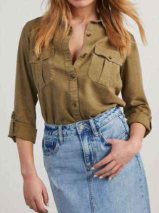 Collared Neck Roll-Tab Sleeve Denim Top - Divacious