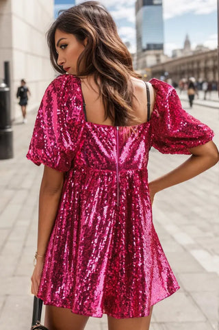 Sequin Square Neck Balloon Sleeve Romper Divacious