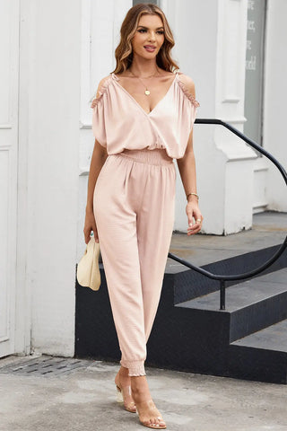 Frill Surplice Cold Shoulder Jumpsuit Divacious