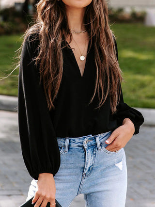 Notched Neck Long Sleeve Blouse Divacious