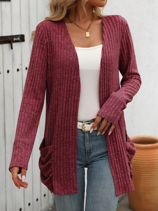 Open Front Long Sleeve Ribbed Cardigan Divacious