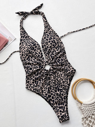 Leopard Halter Neck Ring Detail One-Piece Swimsuit Divacious