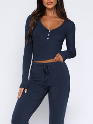 V-Neck Long Sleeve Top and Pants Set - Divacious