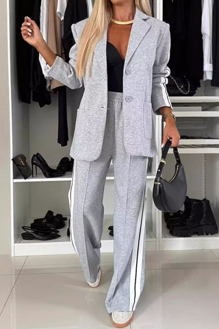 Full Size Contrast Lapel Collar Top and Pants Set - Divacious